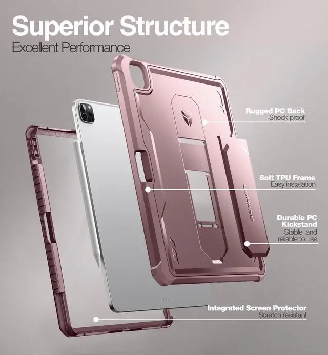Alt view image 5 of 5 - Dexnor for iPad Pro 12.9 Inch Case 2022/2021/2020(6th/5th/4th), Heavy Duty Shockproof Dual Layer Full-Body Bumper Protective Cover with Built-in Screen Protector & Kickstand & Pen Holder - Matte Pink