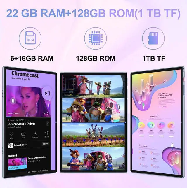 Alt view image 3 of 5 - DEERTiME Tablet Android 14 Tablets 10.1 inch with 22GB RAM 128GB ROM, Octa-Core Processor 8000mAh TF 1TB, G+G HD IPS Display Tableta, Dual Camera, Widevine L1 Bluetooth GPS Tablet PC (Gray)