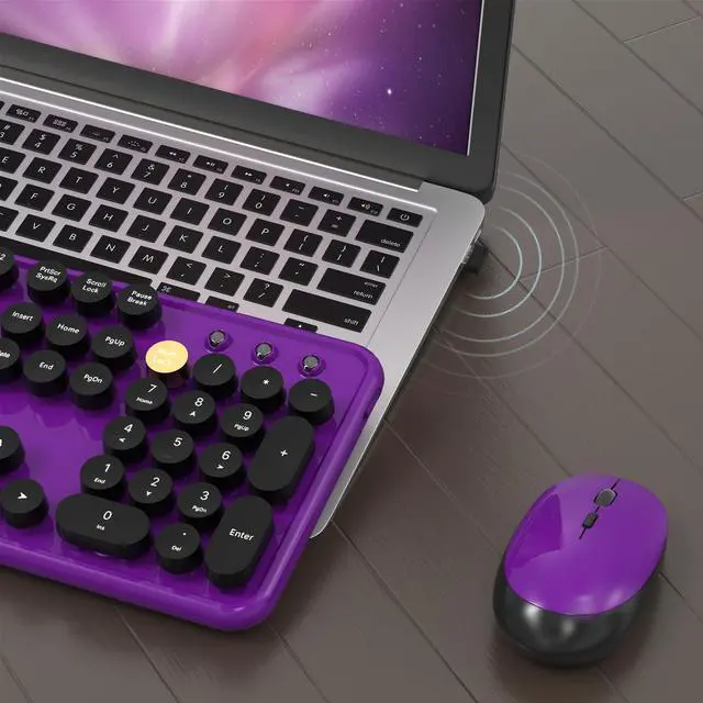 Alt view image 4 of 5 - MPTOG Colorful Wireless Computer Keyboard and Mouse Combo with Round Typewriter Keycaps, Retro Design, Power Switch, Ergonomic Design, 2.4GHz Wireless for Windows, Mac, PC(Black-Purple)