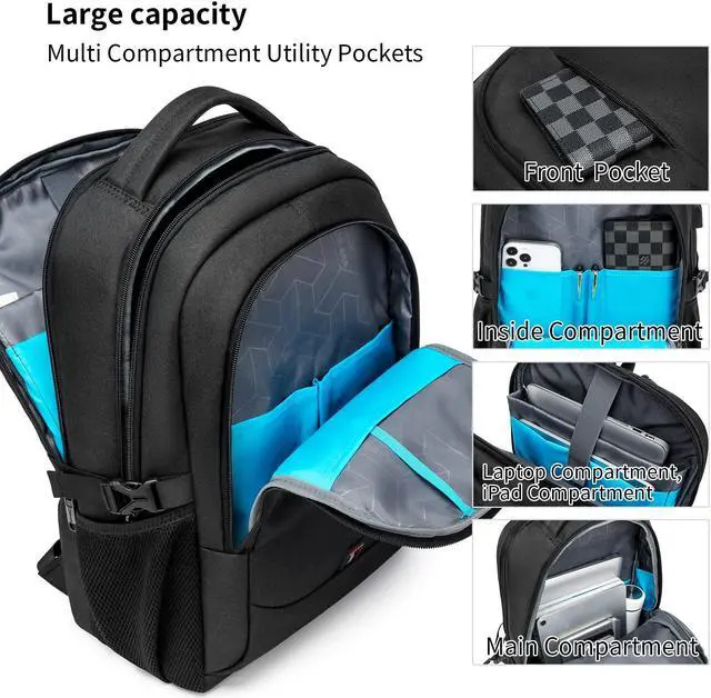 Alt view image 3 of 5 - DUSLANG 17 Inch Laptop Backpack for Travel with Backpack Rain Cover College Backpack for Men Laptop Bag with USB Charging Port,Black