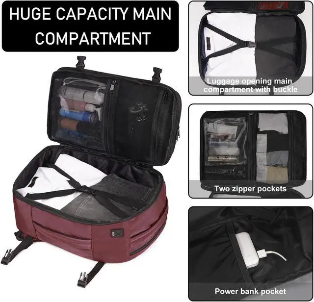 Alt view image 3 of 5 - ECOHUB Travel Backpack 18x14x8 Spirit Airlines Personal Item Bag Carry On Backpack 13 Pockets Large Work Casual Daypack for men Airline Approved Waterproof Gym Backpack with Charging Port, Red