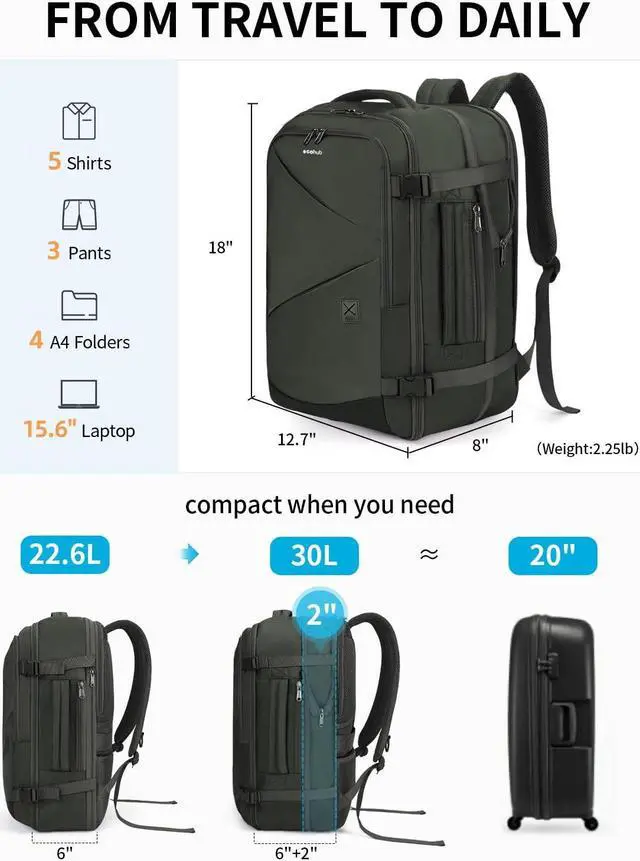 Alt view image 3 of 5 - ECOHUB Carry On Travel Backpack, Expandable Airlines Personal Item Bag 18x14x8, Water Resistant 17 inch Laptop Backpack Flight Approved, 12 Pockets 30L Work Backpacks with Wet Pocket & Cable Slot