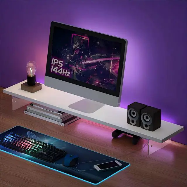 Main image of Monitor Stand Riser, Adjustable Height Computer Stand, Wooden, Acrylic Monitor Stand with LED Light Perfect Desktop Stands Organizer for Laptop Computer/TV/PC/Printers (White, 7.88x31.5in)