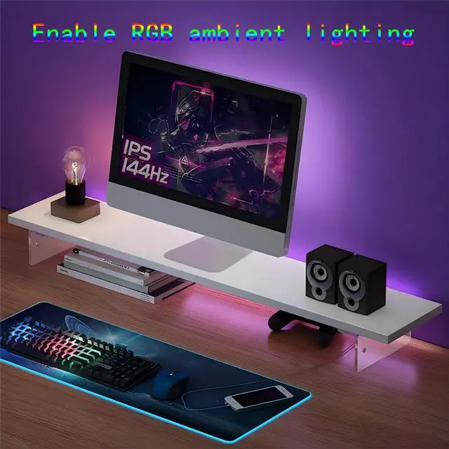Alt view image 4 of 5 - Monitor Stand Riser, Adjustable Height Computer Stand, Wooden, Acrylic Monitor Stand with LED Light Perfect Desktop Stands Organizer for Laptop Computer/TV/PC/Printers (White, 7.88x31.5in)