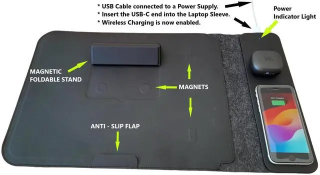 Alt view image 2 of 5 - 4 in 1 Laptop Sleeve with Wireless Charging 13"-17" Slim-Flexible Case, Mousepad, Surface Mat. Charge 2 Devices at Once USB-C Port, Compatible with MacBook air, Earbuds/iPhone/Android (019)