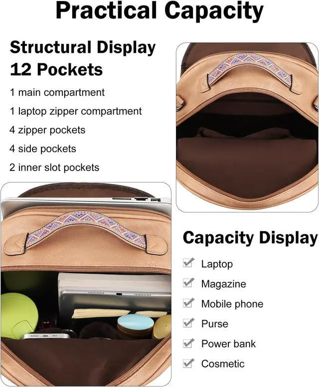 Alt view image 3 of 5 - FADEON Leather Laptop Backpack for Women PU Computer Backpacks, Designer Travel Back Pack Purse with Laptop Compartment Camel