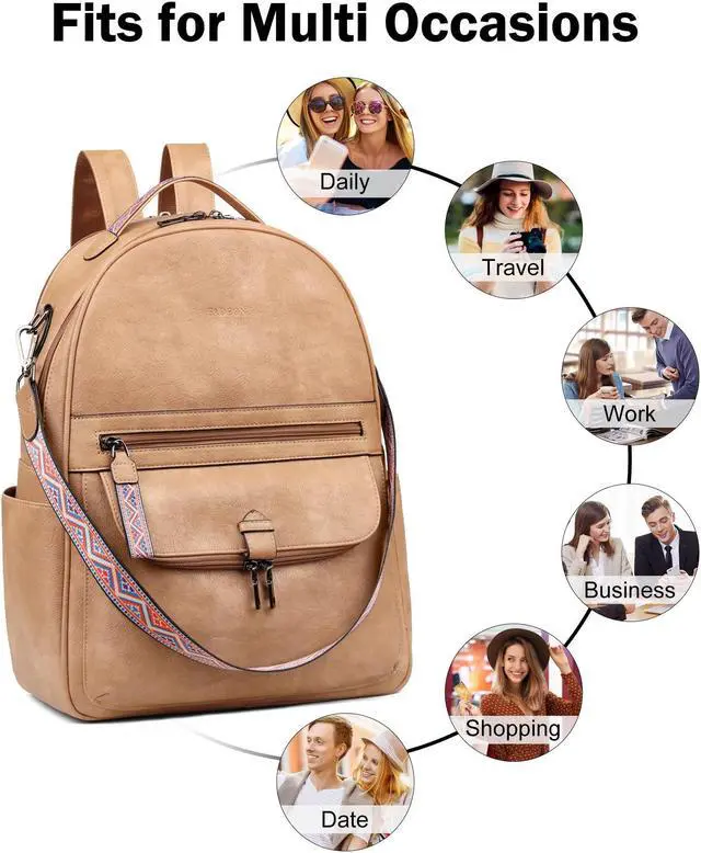 Alt view image 5 of 5 - FADEON Leather Laptop Backpack for Women PU Computer Backpacks, Designer Travel Back Pack Purse with Laptop Compartment Camel