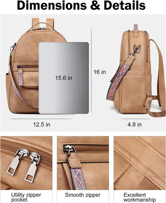 Alt view image 2 of 5 - FADEON Leather Laptop Backpack for Women PU Computer Backpacks, Designer Travel Back Pack Purse with Laptop Compartment Camel