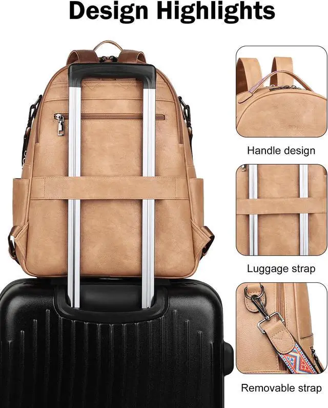Alt view image 4 of 5 - FADEON Leather Laptop Backpack for Women PU Computer Backpacks, Designer Travel Back Pack Purse with Laptop Compartment Camel