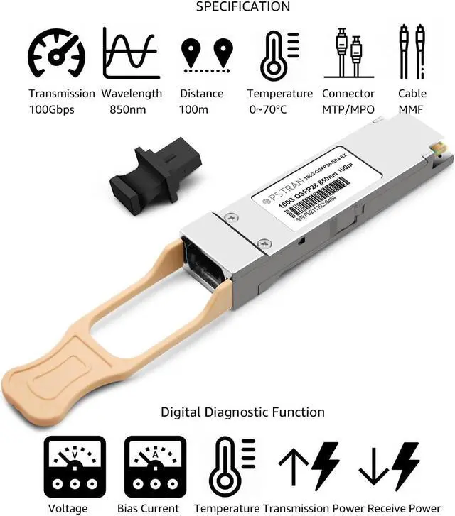 Alt view image 2 of 5 - OPSTRAN 100GBASE-SR4 QSFP28 Optical Transceiver Module Compatible with Extreme 10401 100G QSFP28 SR4 850nm 100m DDM MTP/MPO-12 MMF