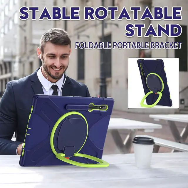 Alt view image 2 of 5 - PboyiqiS Heavy Duty Case for Galaxy Tab S9 Plus 12.4 Inch 2023 Model (SM-X810/X816/X818),with S Pen Holder, Shockproof Kids Case with 360 Rotating Stand/Shoulder Strap (Navy+Green)