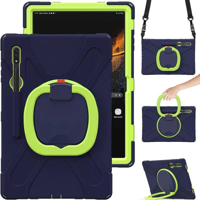 Main image of PboyiqiS Heavy Duty Case for Galaxy Tab S9 Plus 12.4 Inch 2023 Model (SM-X810/X816/X818),with S Pen Holder, Shockproof Kids Case with 360 Rotating Stand/Shoulder Strap (Navy+Green)