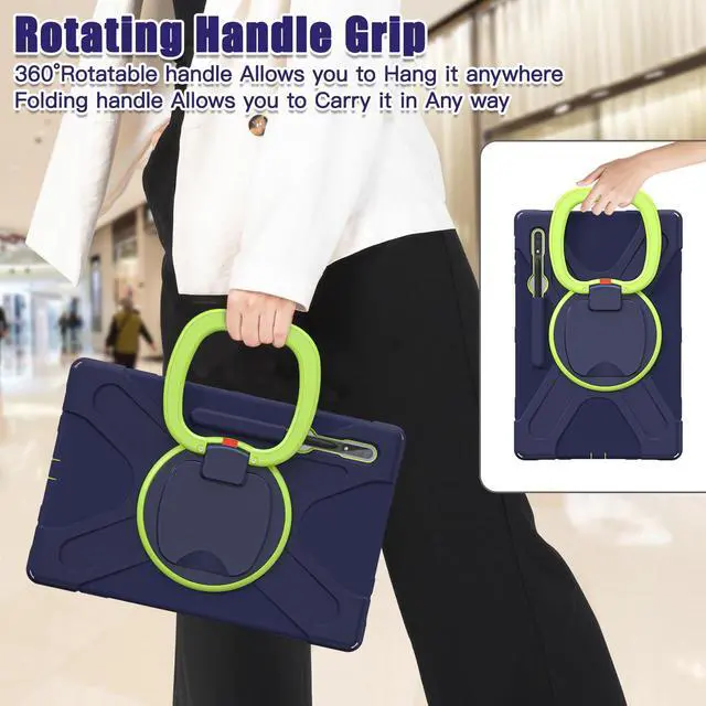 Alt view image 5 of 5 - PboyiqiS Heavy Duty Case for Galaxy Tab S9 Plus 12.4 Inch 2023 Model (SM-X810/X816/X818),with S Pen Holder, Shockproof Kids Case with 360 Rotating Stand/Shoulder Strap (Navy+Green)