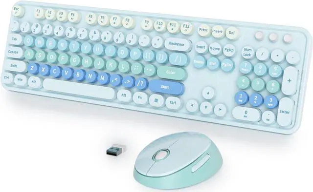 Main image of Fogruaden Blue Retro Typewriter Keyboard and Mouse Wireless, 2.4GHz Office Full-Sized Colorful Computer Keyboard with Number Pad and Cute Mouse for Windows PC Desktops Laptop