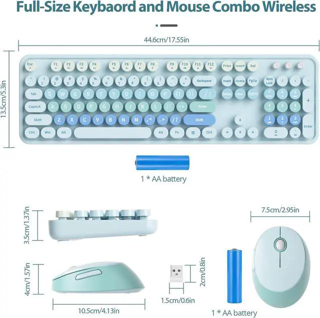 Alt view image 3 of 5 - Fogruaden Blue Retro Typewriter Keyboard and Mouse Wireless, 2.4GHz Office Full-Sized Colorful Computer Keyboard with Number Pad and Cute Mouse for Windows PC Desktops Laptop
