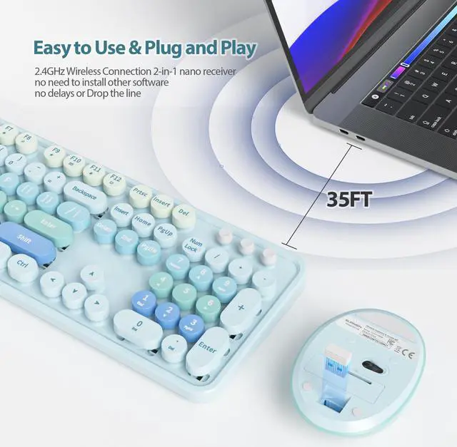 Alt view image 2 of 5 - Fogruaden Blue Retro Typewriter Keyboard and Mouse Wireless, 2.4GHz Office Full-Sized Colorful Computer Keyboard with Number Pad and Cute Mouse for Windows PC Desktops Laptop