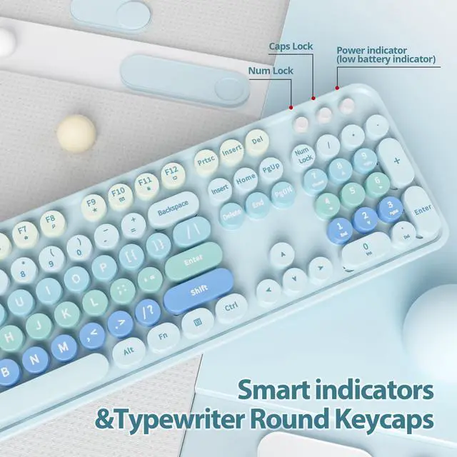 Alt view image 4 of 5 - Fogruaden Blue Retro Typewriter Keyboard and Mouse Wireless, 2.4GHz Office Full-Sized Colorful Computer Keyboard with Number Pad and Cute Mouse for Windows PC Desktops Laptop