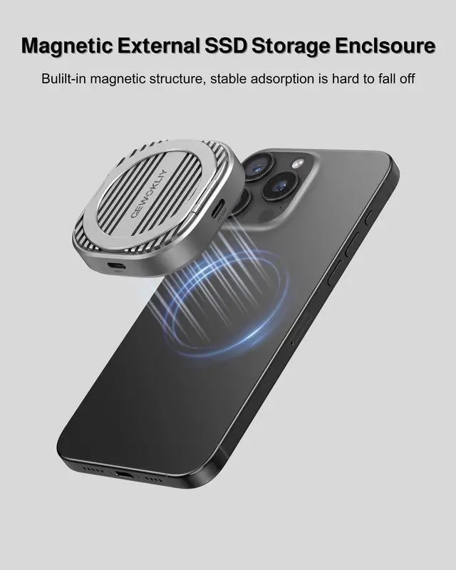Alt view image 2 of 5 - GEWOKLIY Magnetic M.2 2230 NVMe SSD Enclosure, Potable NVMe 2230 Enclosure SSD for iPhone16 Pro ProRes, Aluminum Case with 100W PD Charge, USB C 3.2 Gen2 10Gbps up to 2TB, M & B+M Key (CMC02-S)