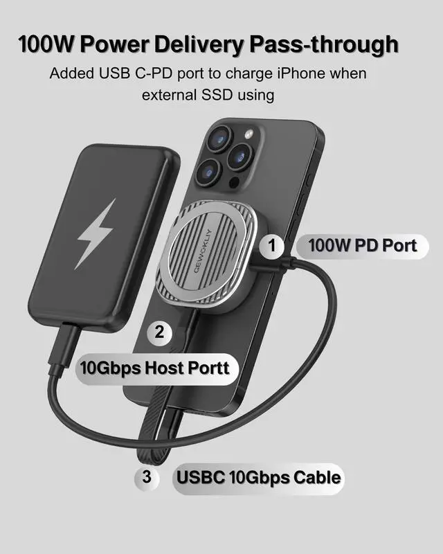 Alt view image 4 of 5 - GEWOKLIY Magnetic M.2 2230 NVMe SSD Enclosure, Potable NVMe 2230 Enclosure SSD for iPhone16 Pro ProRes, Aluminum Case with 100W PD Charge, USB C 3.2 Gen2 10Gbps up to 2TB, M & B+M Key (CMC02-S)