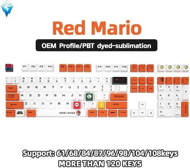 Alt view image 3 of 5 - Glacier PBT Dyed Sublimated Keycaps Full Set for Mechanical Keyboards, Cherry Profile, Compatible with 60%/65%/75%/80%/96%/100% Keyboard Layout, Free Keycaps Puller Included (Mario Red Orange)