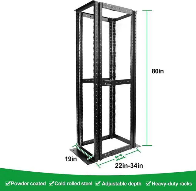 Alt view image 2 of 5 - 4-Post 42U Open Frame Server Rack for 19" IT Network Equipment & A/V Devices22"-34" Adjustable DepthHeavy Duty Free Standing Rack for Servers & AV Gear 4POST-N42U