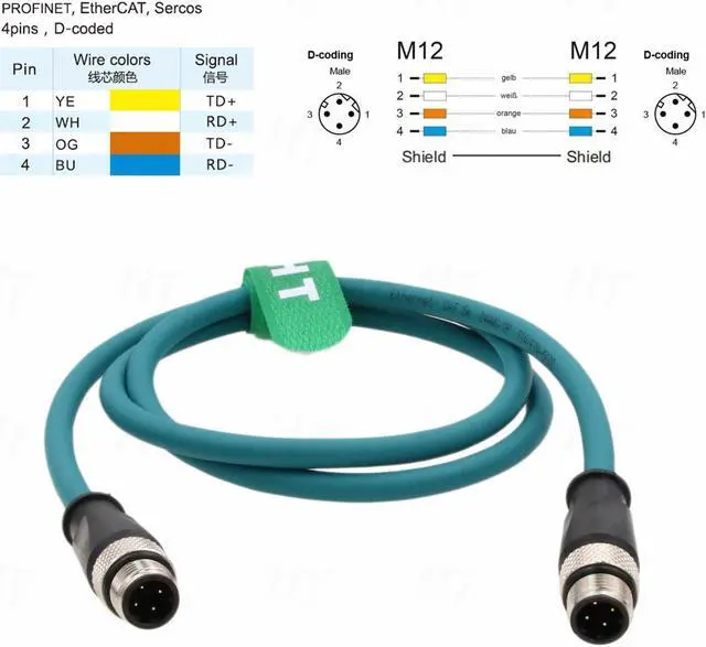 Alt view image 3 of 5 - HangTon Profinet EtherCat Automation Ethernet Cable M12 D-Coded 4 Pin to D-Coded 4 Pin for Sensor Encoder Sick Schneider Network Communication Data CAT5e PVC 10M