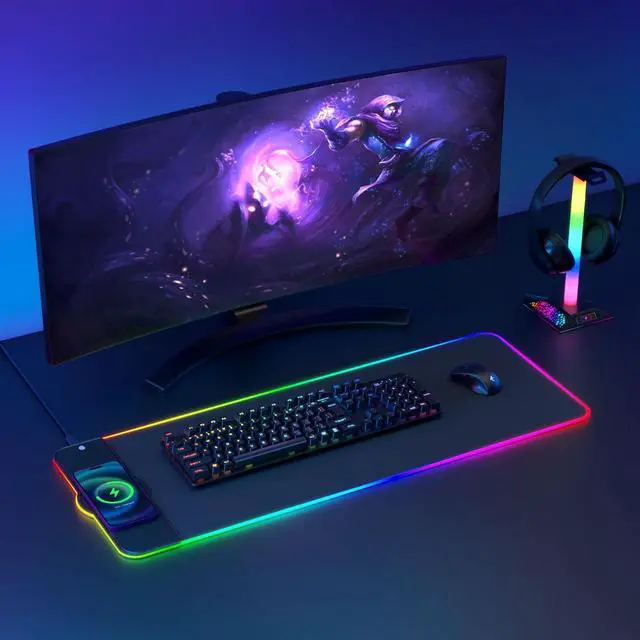 Alt view image 4 of 5 - Charging RGB Gaming Mouse Pad - Wireless 15W Mousepad LED Extra Large Mouse Mat 80 * 30cm, 10 Light Modes Gaming Room Accessories, Computer Keyboard Mat Fast Charging Desk Mat for Gaming, Black