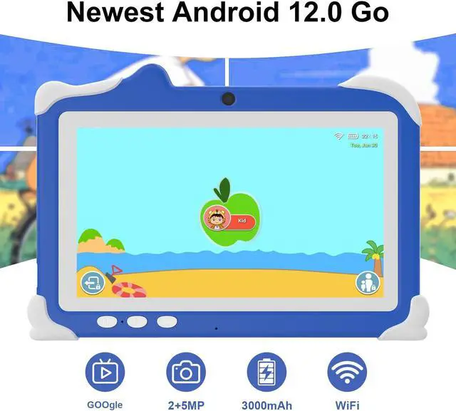Alt view image 2 of 5 - HOTTABLET Kids Tablet, 7" Android 12 Tablet for Kids, 4GB RAM 32GB ROM Tablet with Case, 1.6Ghz Quad-core Processor Tablet, 3000mAh Battery, FHD Display, 5MP Camera,Parental Control Tablet, Blue