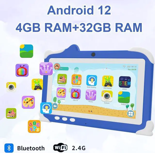 Alt view image 3 of 5 - HOTTABLET Kids Tablet, 7" Android 12 Tablet for Kids, 4GB RAM 32GB ROM Tablet with Case, 1.6Ghz Quad-core Processor Tablet, 3000mAh Battery, FHD Display, 5MP Camera,Parental Control Tablet, Blue