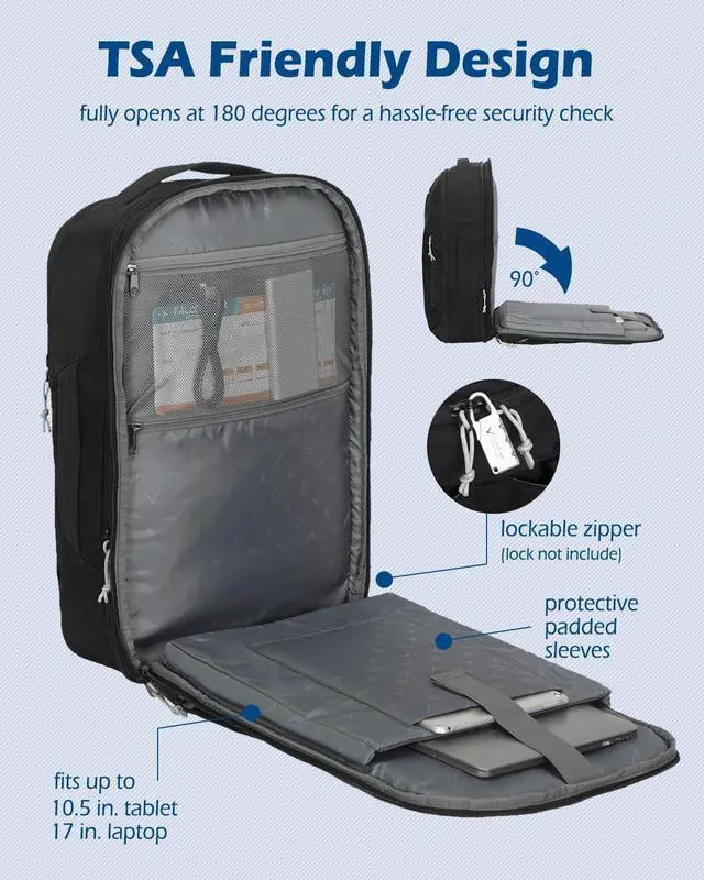 Alt view image 3 of 5 - Hynes Eagle TSA Friendly Travel Backpack for Men Women Carry on Backpack 40L Flight Approved Laptop Backpack for 17 inches Compressible Weekender Bag Overnight Backpack Jet Black