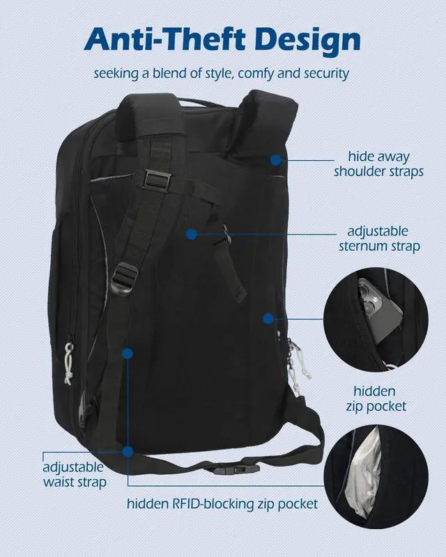 Alt view image 4 of 5 - Hynes Eagle TSA Friendly Travel Backpack for Men Women Carry on Backpack 40L Flight Approved Laptop Backpack for 17 inches Compressible Weekender Bag Overnight Backpack Jet Black