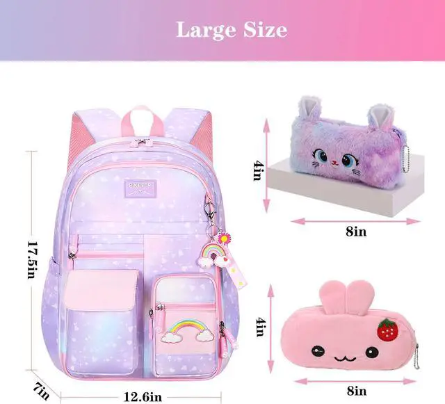 Alt view image 2 of 5 - Jcobvig Kawaii Backpack For Girls Kids,Cute Student School Backpack With Pen Bag,Purple Aesthetic Starry Rainbow Laptop Travel Bag (Purple Medium 16.5in