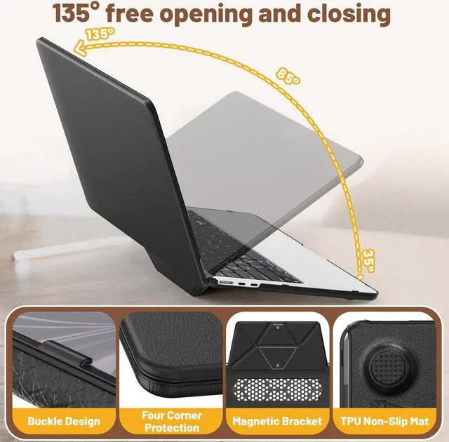 Alt view image 5 of 5 - KAIJIAbox Case for MacBook Air 13.6 Inch M3 A3113 M2 A2681 2025 2024 2022,Foldable Stand&Mouse Pad&Bag&Anti-Slip Plastic+PU Leather 2-in-1 Hard Shell Protective Cover for MacBook Air 13.6 Inch(Black)
