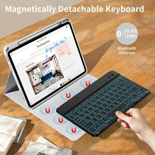 Alt view image 3 of 5 - kenke for iPad 10th Generation Case with Keyboard 10.9 inch 2022, Detachable Wireless Bluetooth iPad Keyboard Case with Built-in Right Side Pencil Holder, Backlit Black Square Keycaps (Gray