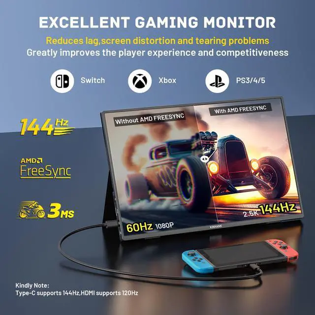 Alt view image 4 of 5 - Kinhank 16'' 2.5K Portable Monitor 144HZ,2560 * 1600 QHD IPS HDR Travel Monitor,USB C HDMI Portable Gaming Monitor,Second External Monitor for Laptop PC MAC Phone PS4/5 Xbox Switch(K16)