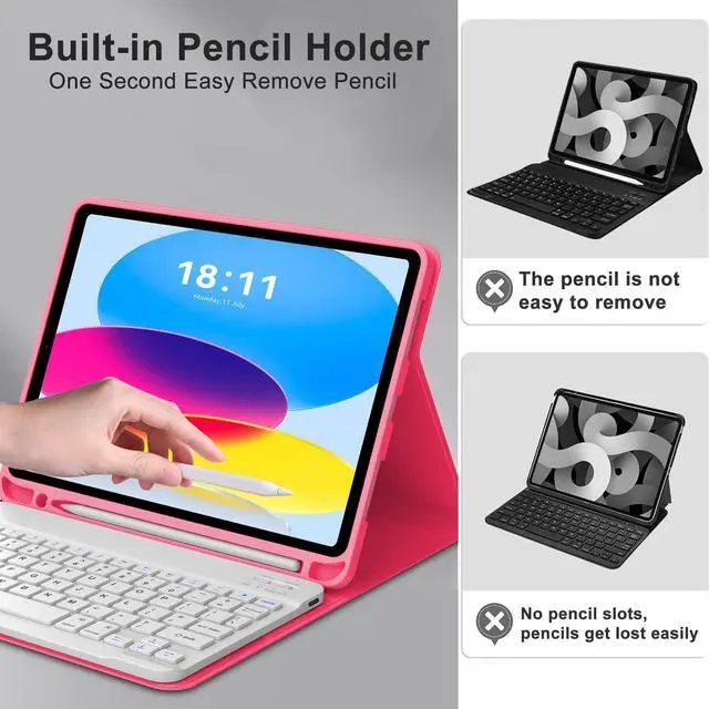 Alt view image 4 of 5 - KVAGO Keyboard Case for iPad (A16) 11th Generation, Smart Stand Folio Keyboard Cover with Pencil Holder for iPad 11-inch A16 2025 10th Gen 10.9 Inch 2022, Detachable Bluetooth Keyboard (Red)
