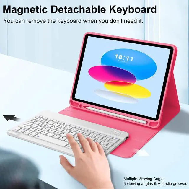 Alt view image 2 of 5 - KVAGO Keyboard Case for iPad (A16) 11th Generation, Smart Stand Folio Keyboard Cover with Pencil Holder for iPad 11-inch A16 2025 10th Gen 10.9 Inch 2022, Detachable Bluetooth Keyboard (Red)