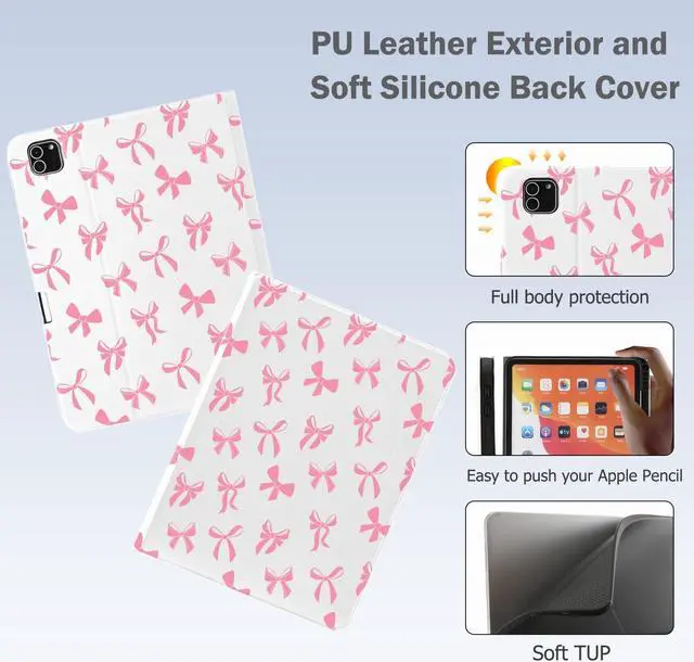 Alt view image 5 of 5 - Cute Kawaii Pink Bow for iPad Air 11 Inch Case 7th/6th Generation (M3/M2) 2025/2024 with Pencil Holder, Auto Sleep/Wake and Multiple Viewing Angles, White Leather Soft TPU Back Cover