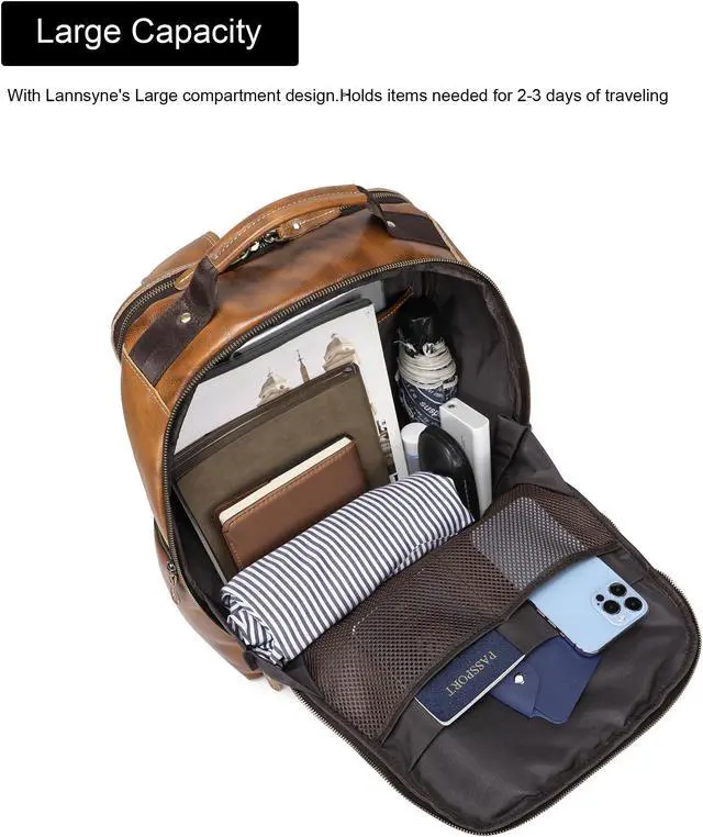 Alt view image 3 of 5 - Vintage Full Grain Leather Backpack For Men, 17.3'' Laptop Bag Causal Rucksack Shoulder Bag Overnight For Business/Travel/Camping