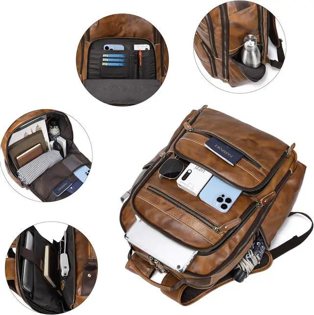 Alt view image 4 of 5 - Vintage Full Grain Leather Backpack For Men, 17.3'' Laptop Bag Causal Rucksack Shoulder Bag Overnight For Business/Travel/Camping