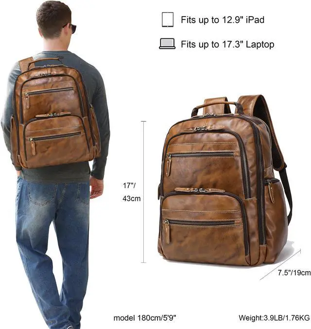 Alt view image 2 of 5 - Vintage Full Grain Leather Backpack For Men, 17.3'' Laptop Bag Causal Rucksack Shoulder Bag Overnight For Business/Travel/Camping
