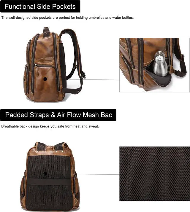 Alt view image 5 of 5 - Vintage Full Grain Leather Backpack For Men, 17.3'' Laptop Bag Causal Rucksack Shoulder Bag Overnight For Business/Travel/Camping