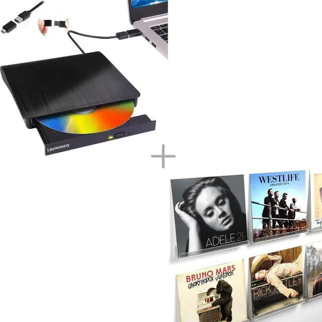 Main image of Laurensory External DVD Drive USB 3.0 Type-C USB + Vinyl Record Shelf Wall Mount