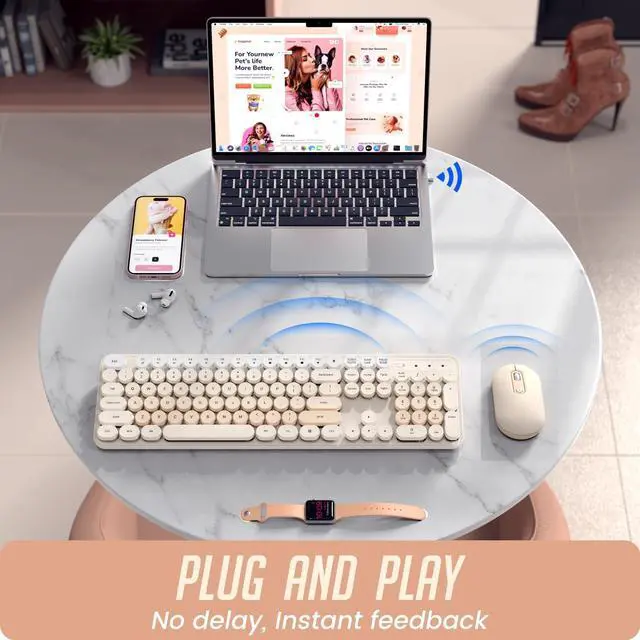 Alt view image 3 of 5 - Wireless Keyboard and Mouse, Silent Keyboard Mouse Combo, Full-Sized Colorful Typewriter Keyboard with Round Keycaps, 2.4G Cute Mouse Compatible with PC/Laptop/Computer(Milk Tea)
