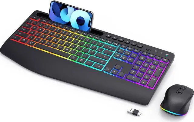 Main image of Wireless Keyboard and Mouse Combo - Dual System RGB Backlit Mouse and Keyboard,2.4G Rechargeable,Full-Sized Ergonomic Silent Design with Phone Holder for Windows Mac PC Laptop