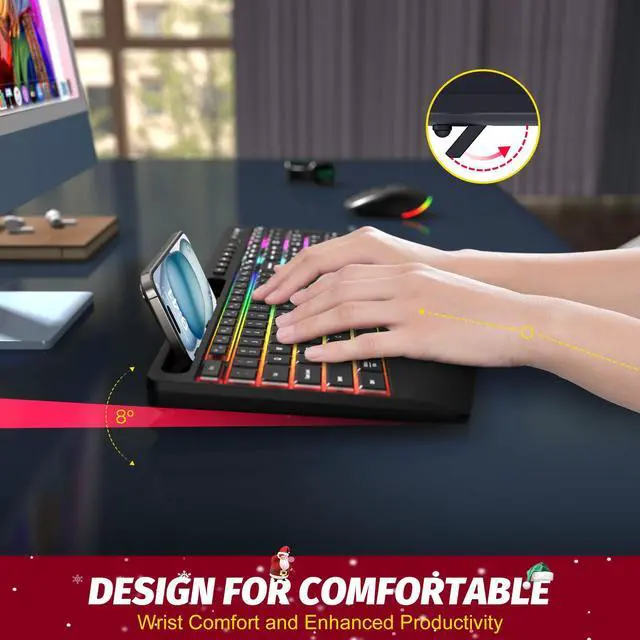 Alt view image 4 of 5 - Wireless Keyboard and Mouse Combo - Dual System RGB Backlit Mouse and Keyboard,2.4G Rechargeable,Full-Sized Ergonomic Silent Design with Phone Holder for Windows Mac PC Laptop