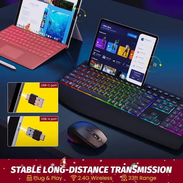 Alt view image 3 of 5 - Wireless Keyboard and Mouse Combo - Dual System RGB Backlit Mouse and Keyboard,2.4G Rechargeable,Full-Sized Ergonomic Silent Design with Phone Holder for Windows Mac PC Laptop