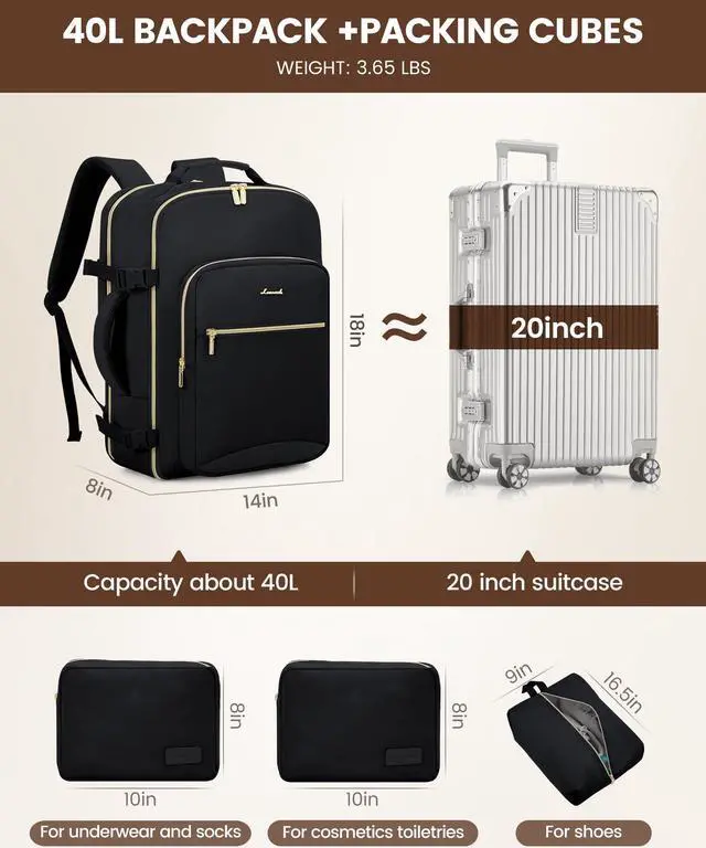 Alt view image 5 of 5 - LOVEVOOK Travel Backpack Carry on Backpack, 40L Flight Approved Personal Item Travel Bag with 17 Inch Laptop Backpacks for Women&Men, Large Suitcase Backpacks With 3 Packing Cubes, Black-Black