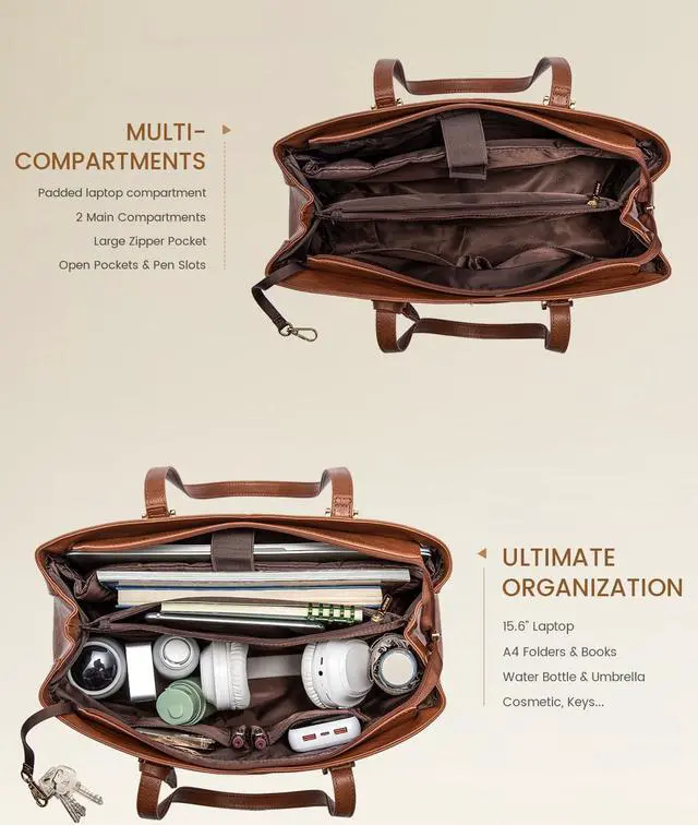 Alt view image 3 of 5 - LOVEVOOK Work Tote Bag for Women, Vintage Leather Laptop Bag Teacher Tote Bag, Professional 15.6 Inch Computer Bag, Large Tote Purse Handbag With Laptop Compartment, Dark Brown