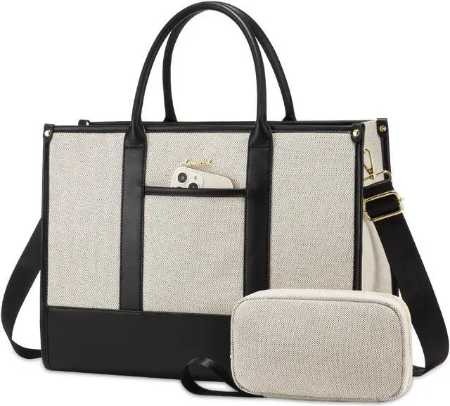 Main image of LOVEVOOK Laptop Tote Bags for Women Canvas Work Bag 15.6 inch Large Professional Teacher Purse Lightweight Computer Bag Briefcase Business Office, Black-white